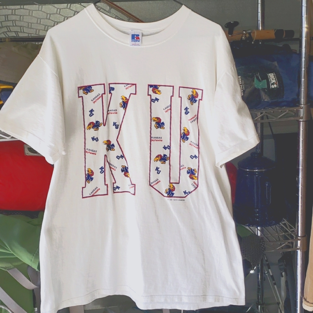 Vintage KU Jayhawks Kansas University Tee Shirt sz L 1991 Russell Athletics